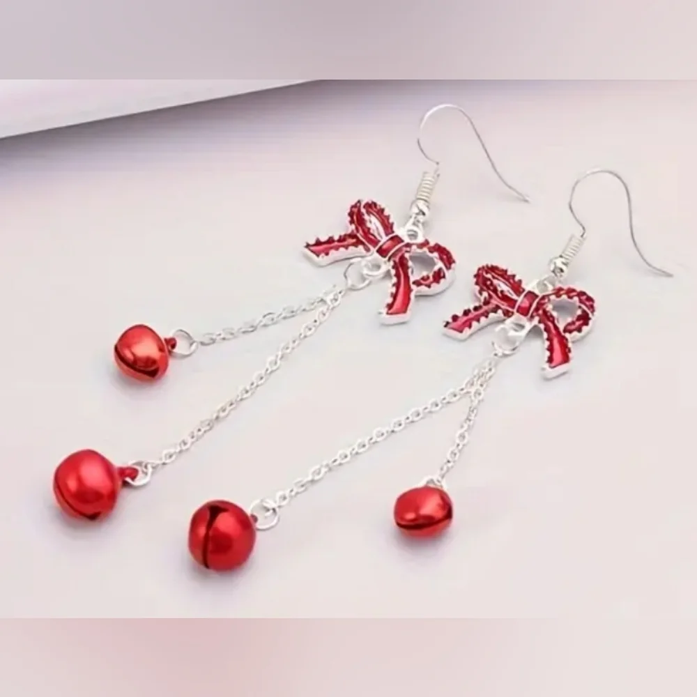 Elegant Christmas Holiday Festive Red Bow Dangle Earrings - Picture 1 of 2
